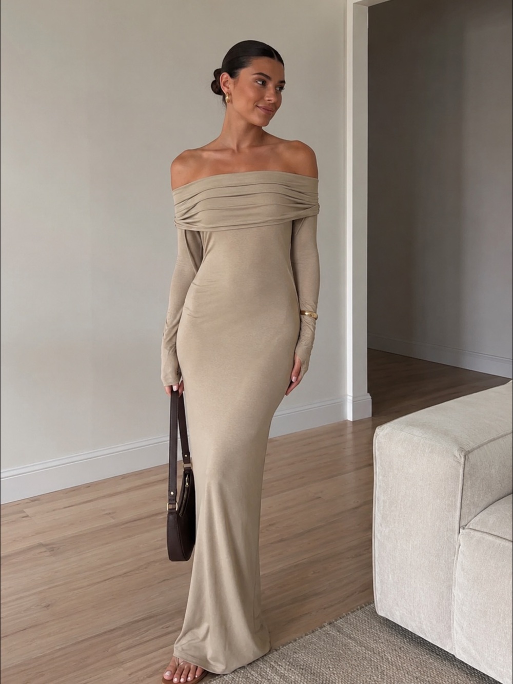 SKIMS Off-Shoulder Maxi Dress with Draped Cowl Neck